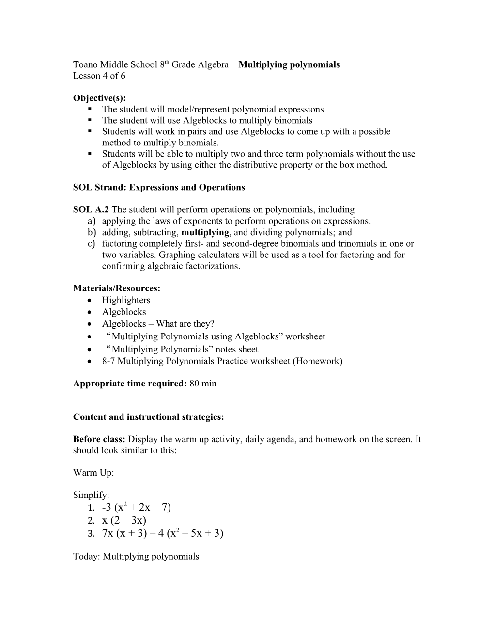 Toano Middle School 8Th Grade Algebra Multiplying Polynomials
