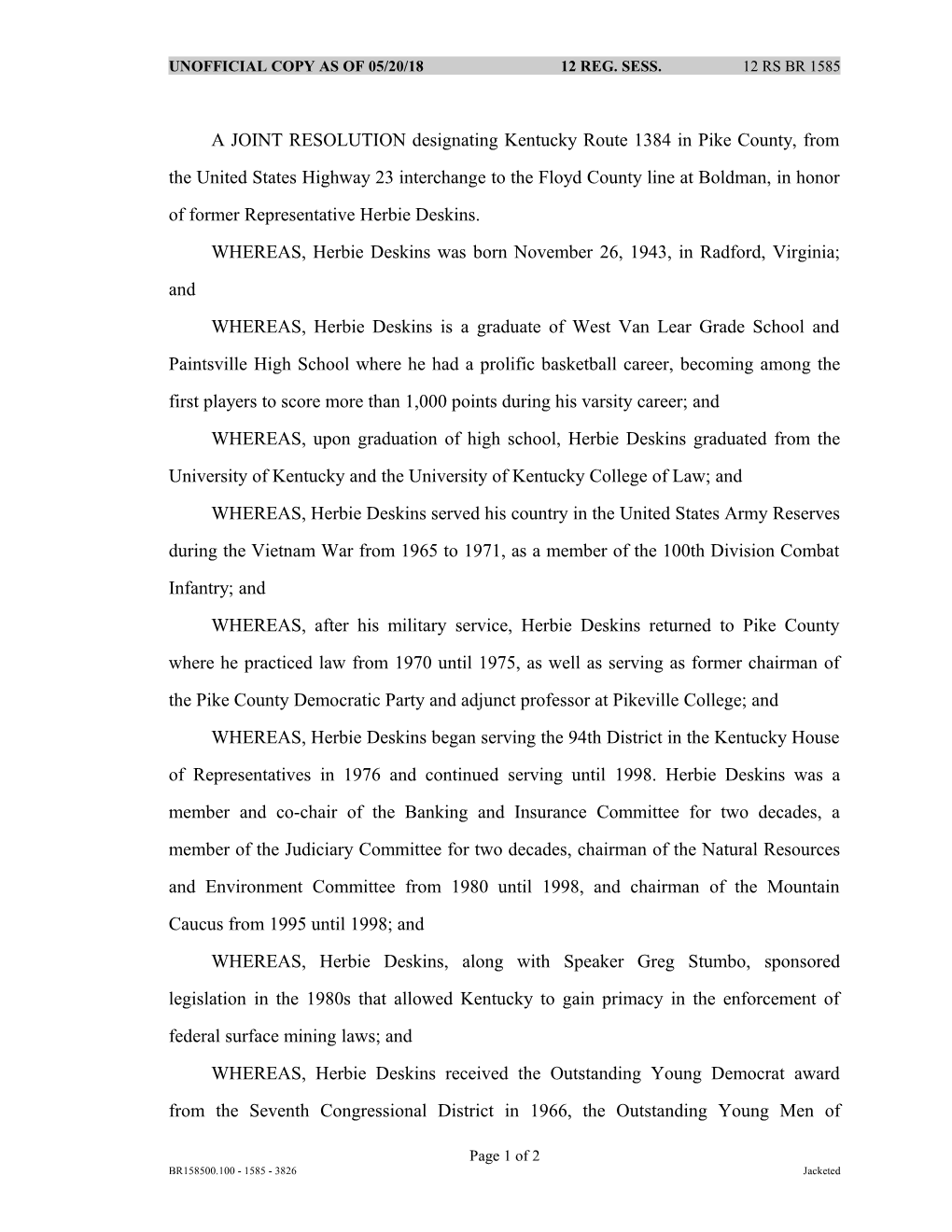 A JOINT RESOLUTION Designating Kentucky Route 1384 in Pike County, from the United States