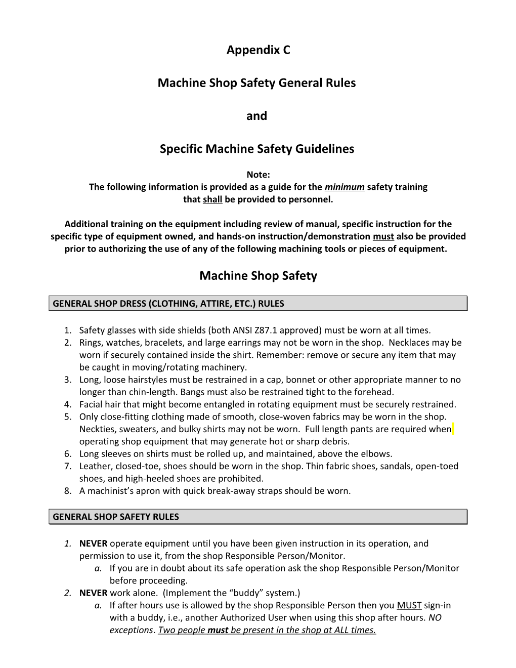 Machine Shop Safety General Rules
