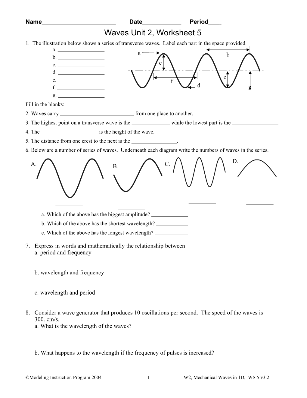 Waves Unit 2, Worksheet 5