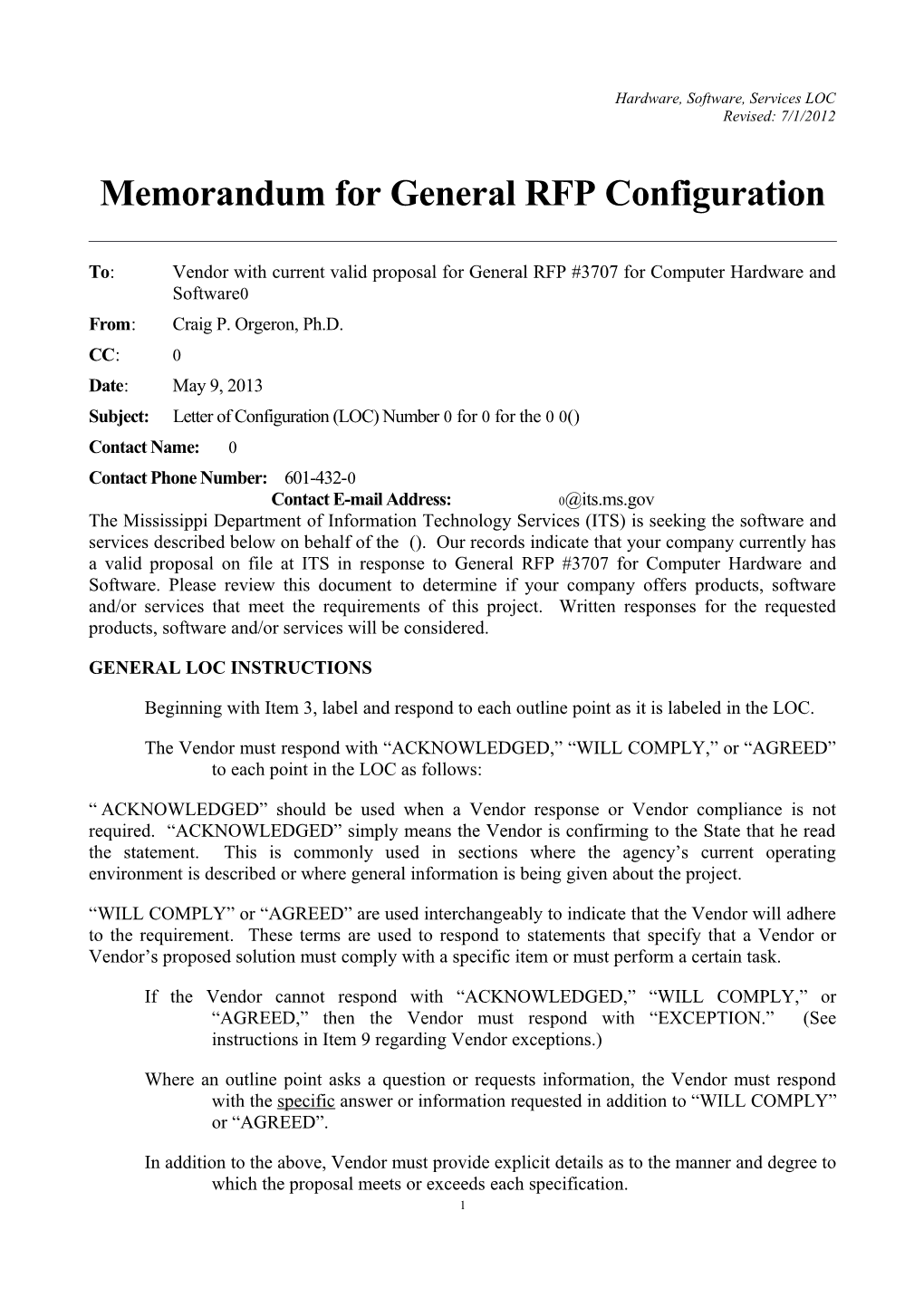 Memorandum for General RFP Configuration s9