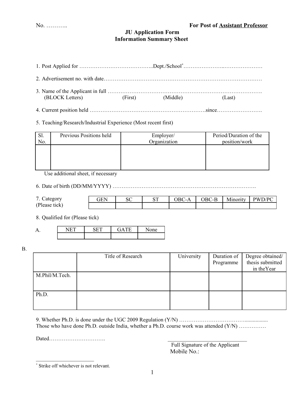 JU Application Form