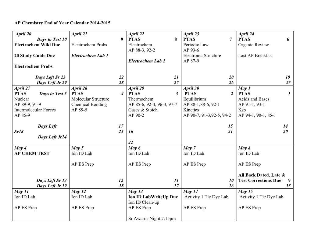 AP Chemistry End of Year Calendar 2014-2015