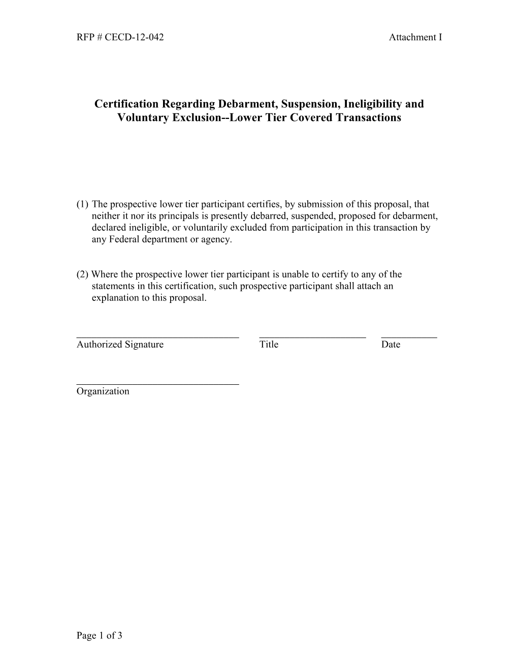 Certification Regarding Debarment, Suspension, Ineligibility and Voluntary Exclusion Lower