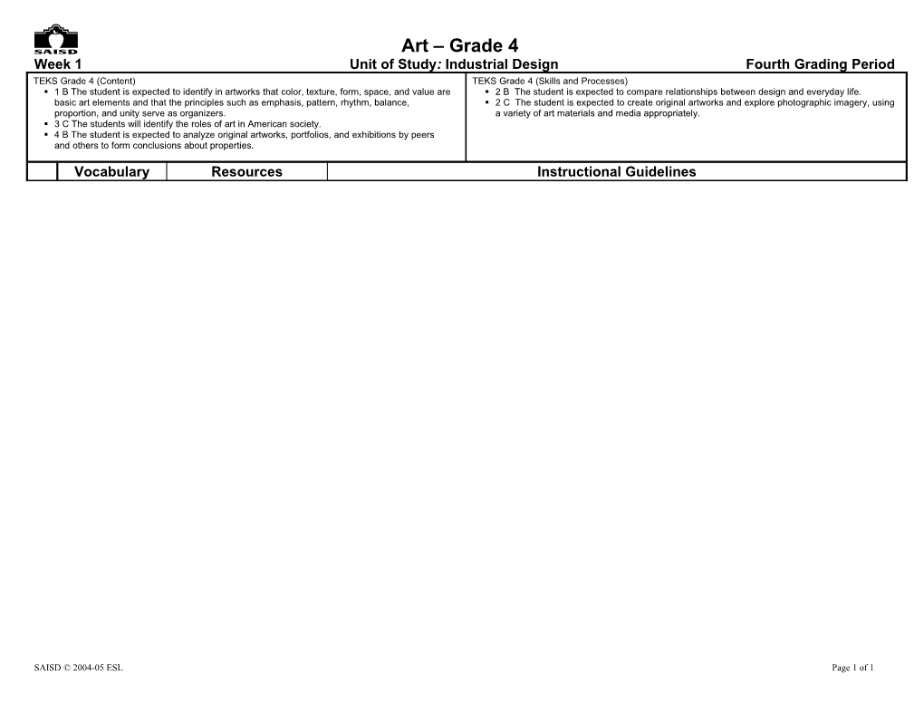 Week 1 Unit of Study: Industrial Design Fourth Grading Period