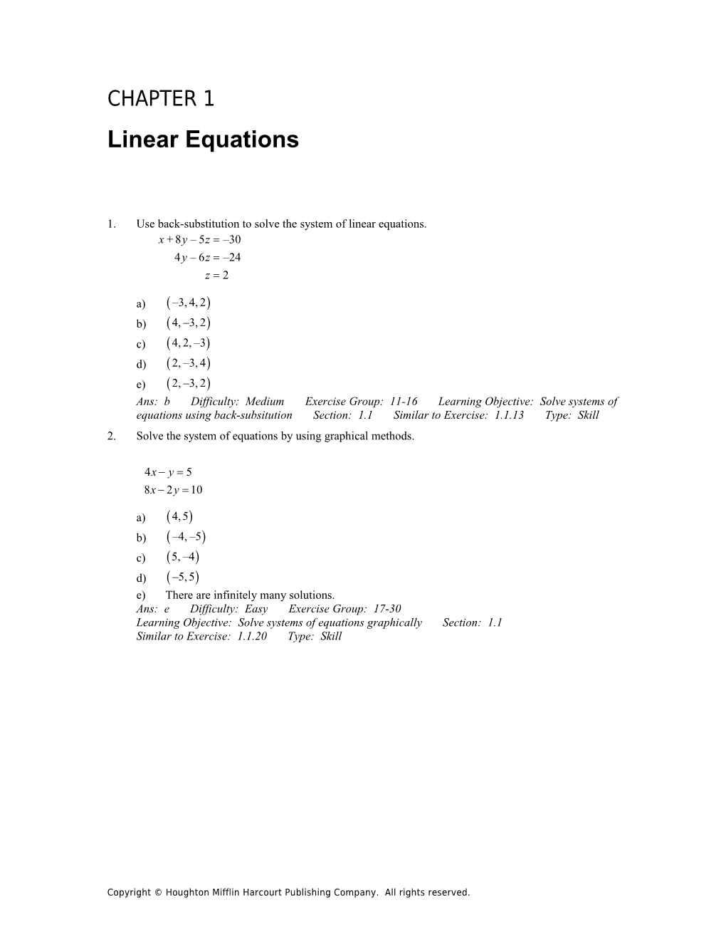 1. Use Back-Substitution to Solve the System of Linear Equations