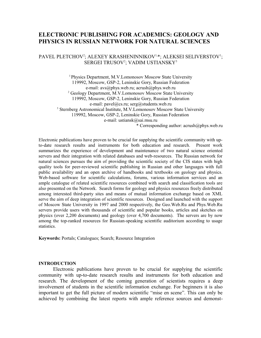 Electronic Publishing for Academics: Geology and Physics in Russian Network for Natural Sciences