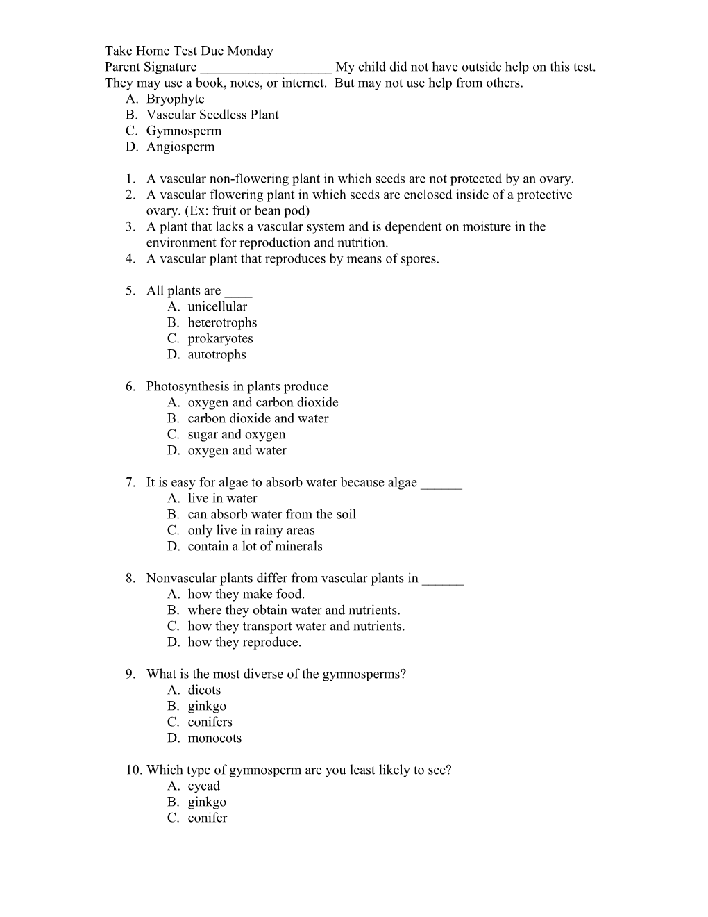 Parent Signature ______My Child Did Not Have Outside Help on This Test