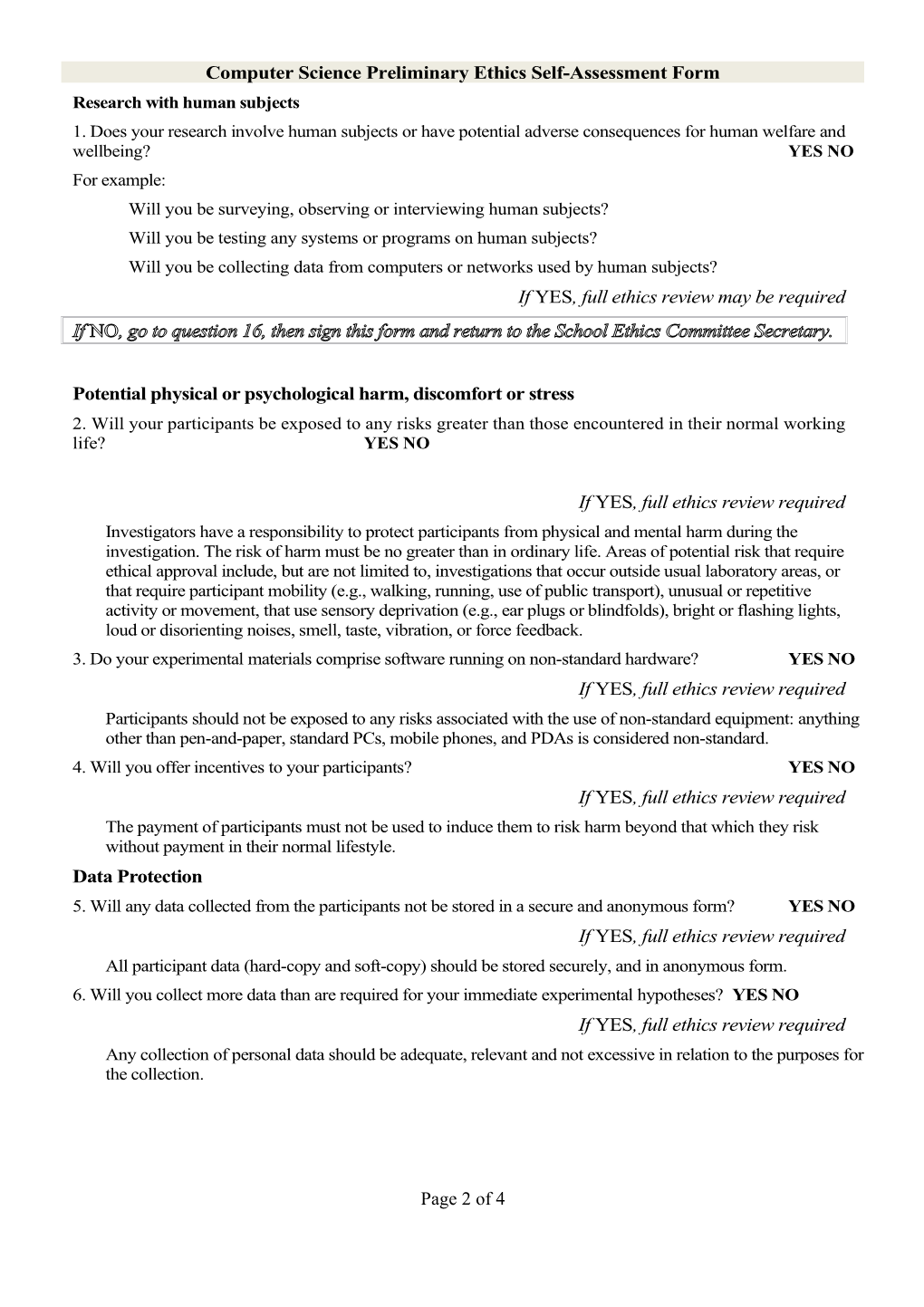 School of Computer Science Preliminary Ethics Self-Assessment Form