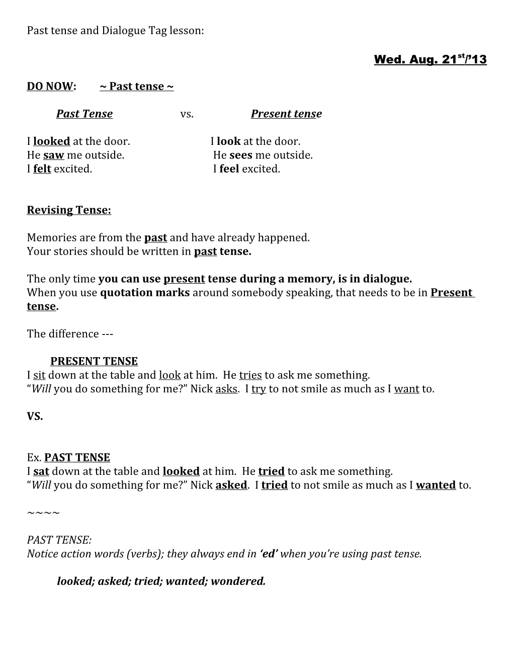 Past Tense and Dialogue Tag Lesson