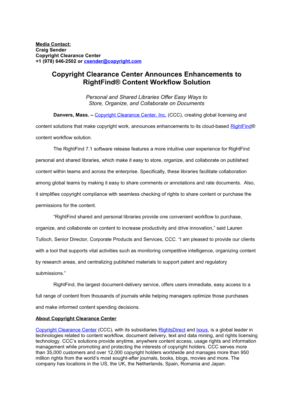 Copyright Clearance Center Announces Enhancements to Rightfind Content Workflow Solution