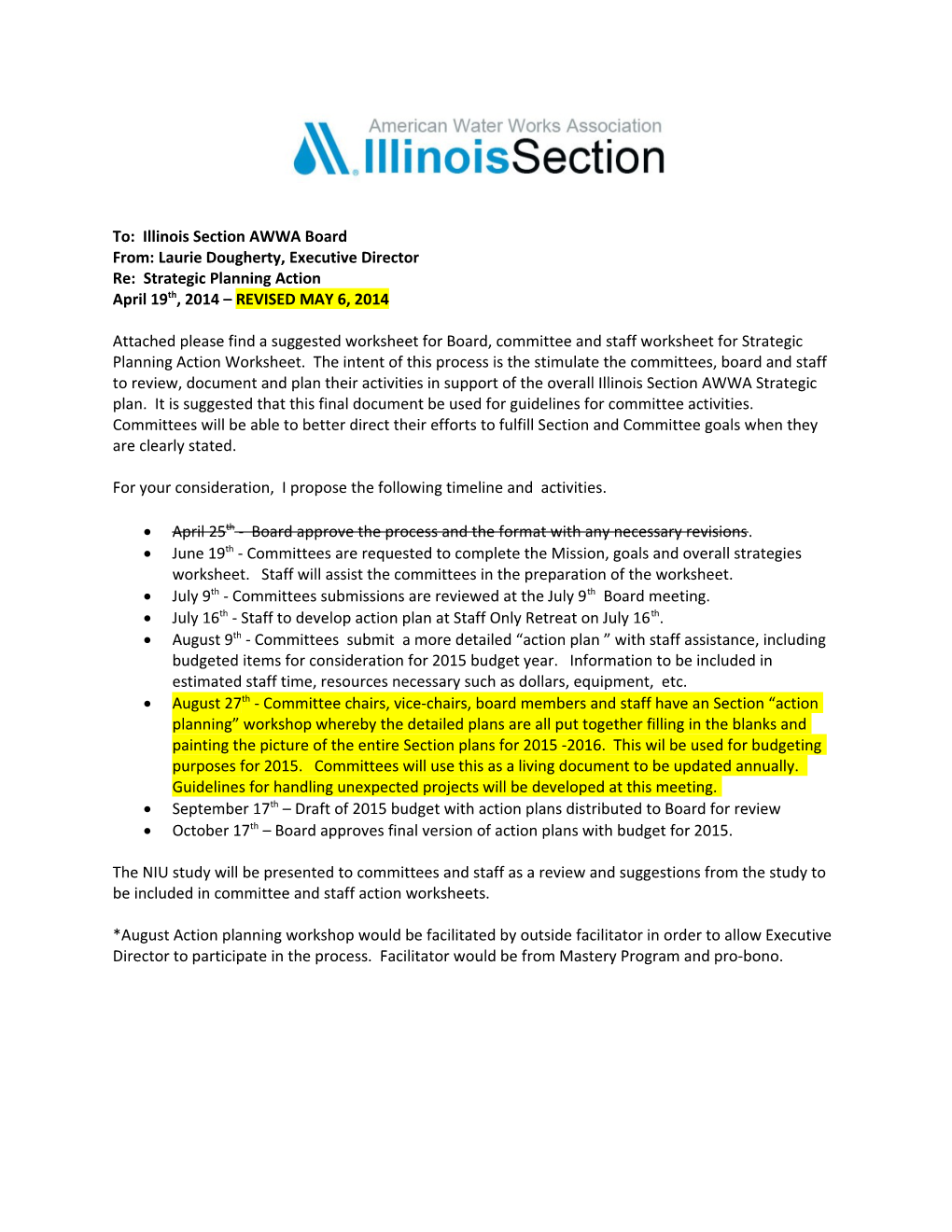 To: Illinois Section AWWA Board From: Laurie Dougherty, Executive Director Re: Strategic