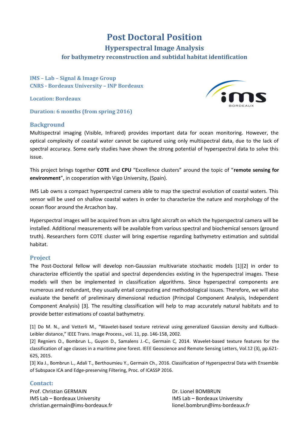 Post Doctoral Positionhyperspectral Image Analysisfor Bathymetry Reconstruction and Subtidal