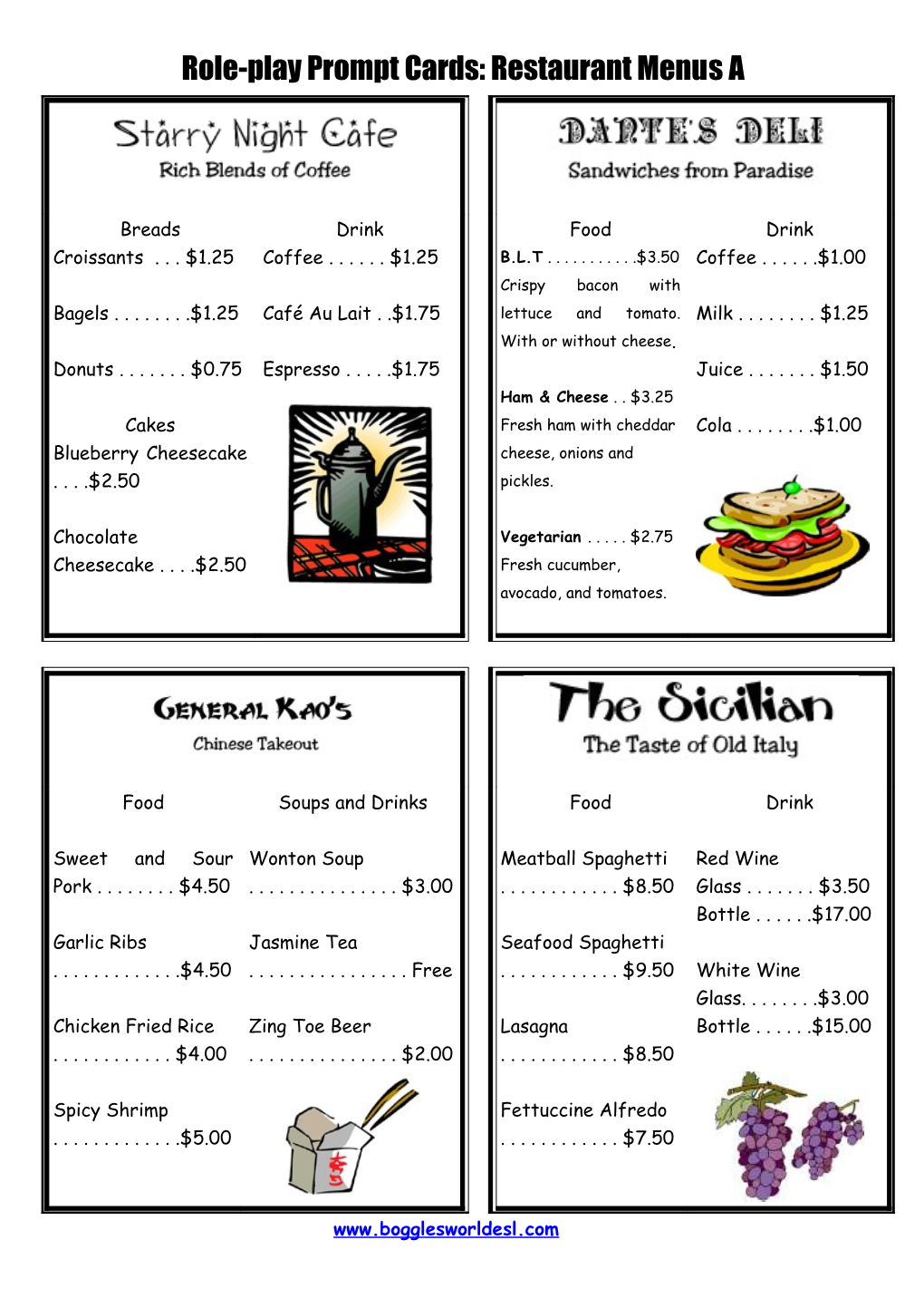 Role-Play Prompt Cards: Restaurant Menus A