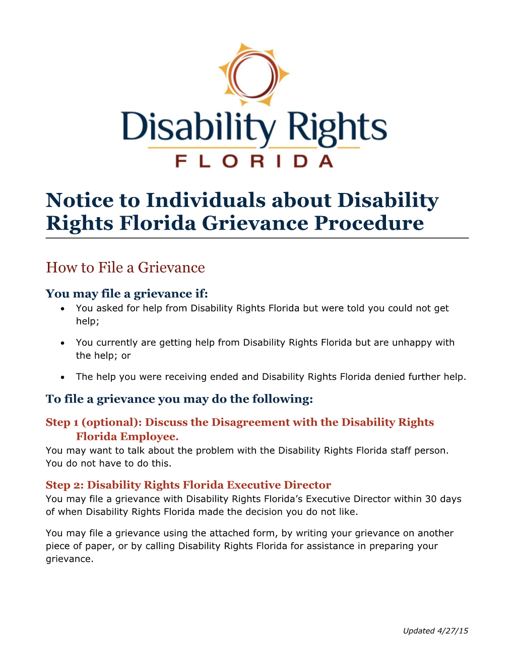 Notice to Individuals About Disability Rights Florida Grievance Procedure