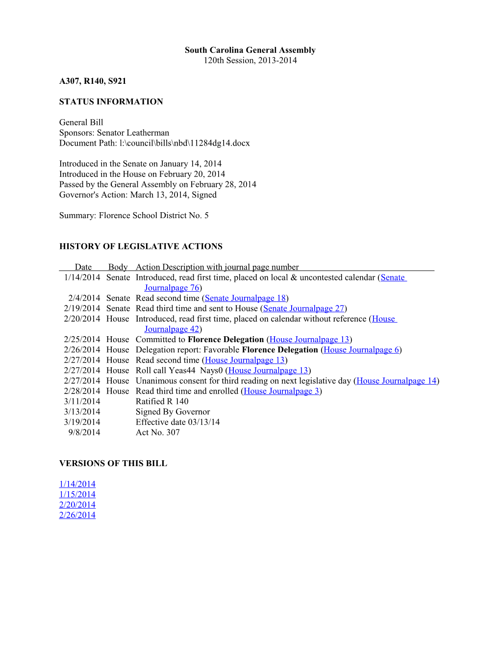 2013-2014 Bill 921: Florence School District No. 5 - South Carolina Legislature Online