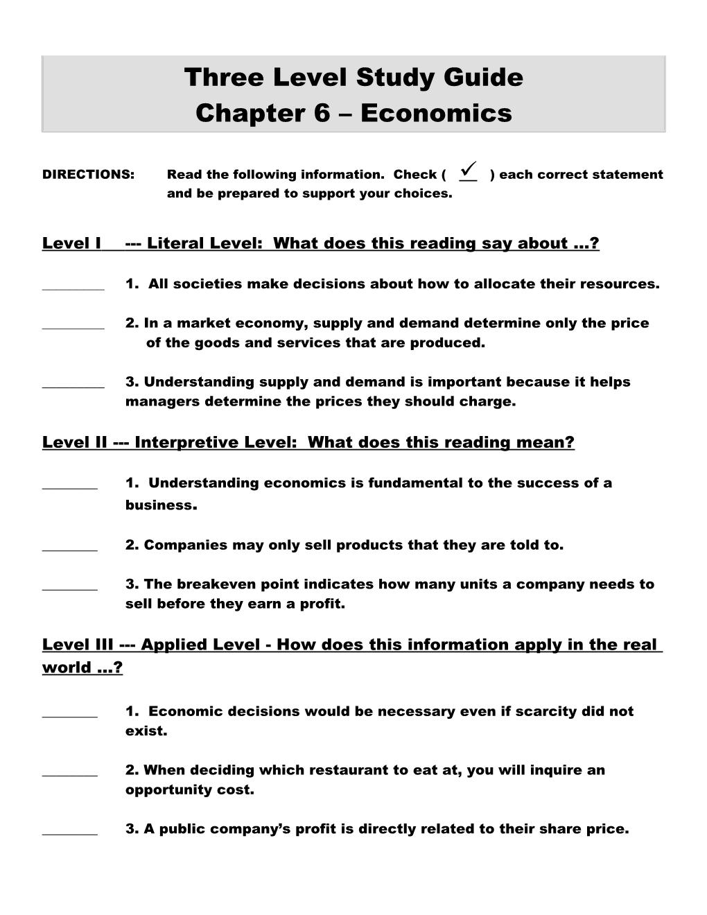 Three Level Study Guide