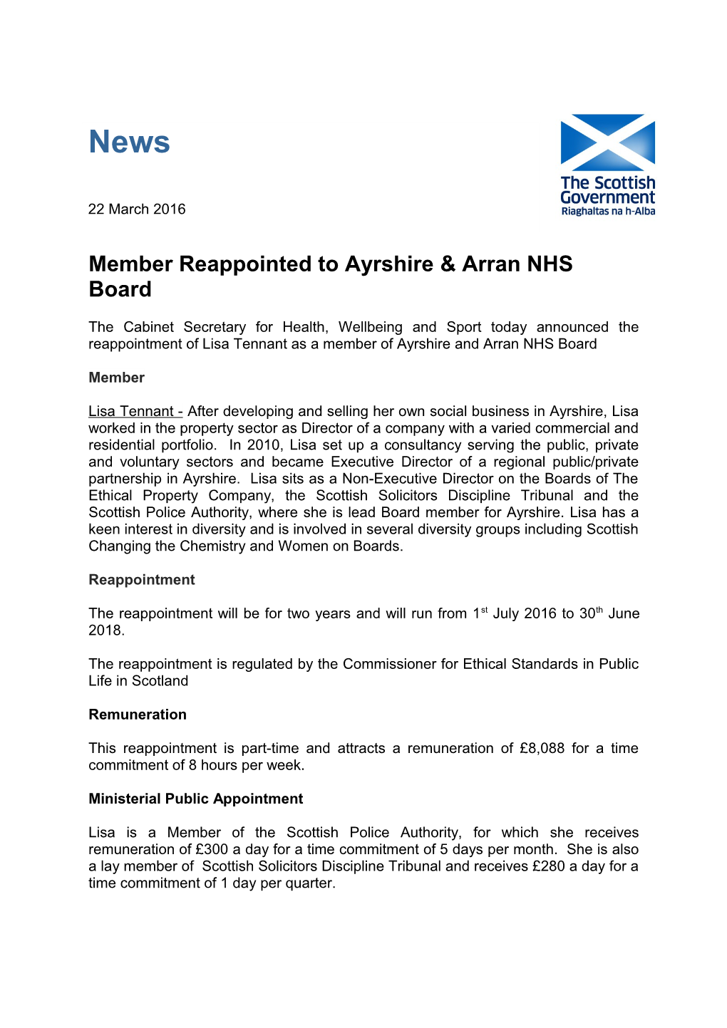 Member Reappointed to Ayrshire & Arran NHS Board