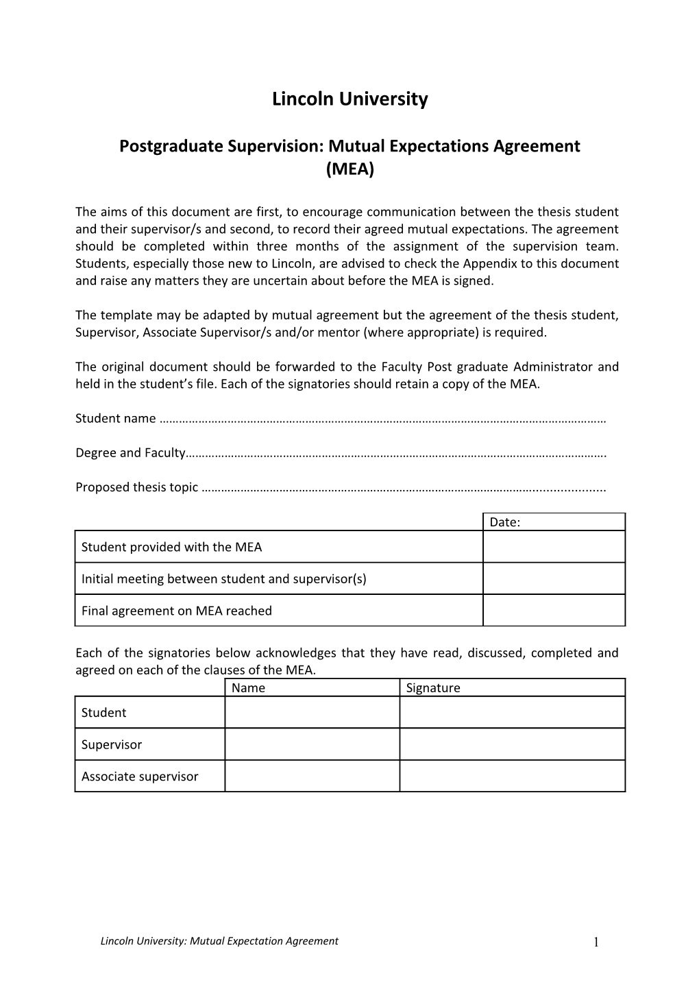 Postgraduate Supervision: Mutual Expectations Agreement (MEA)