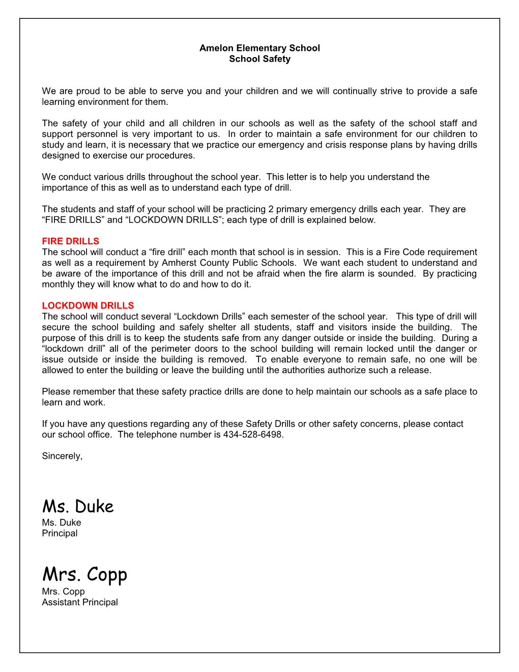 Draft of Form Letter to Parents from Schools