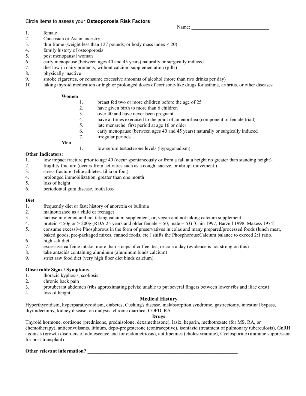 Circle Items to Assess Your Osteoporosis Risk Factor