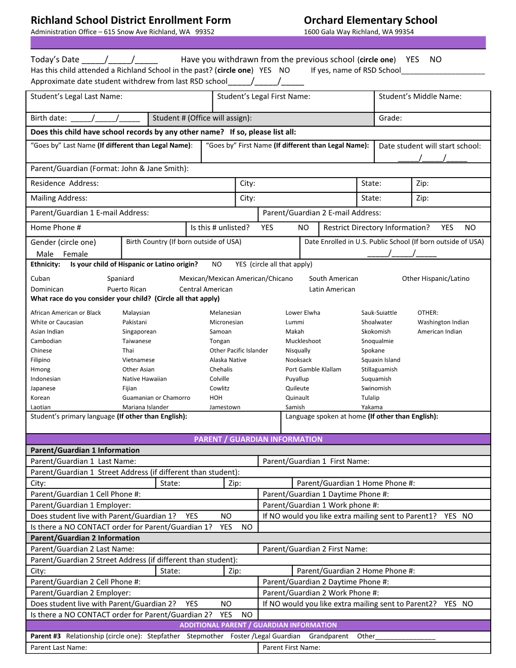 Richland School District Enrollment Form Orchard Elementary School