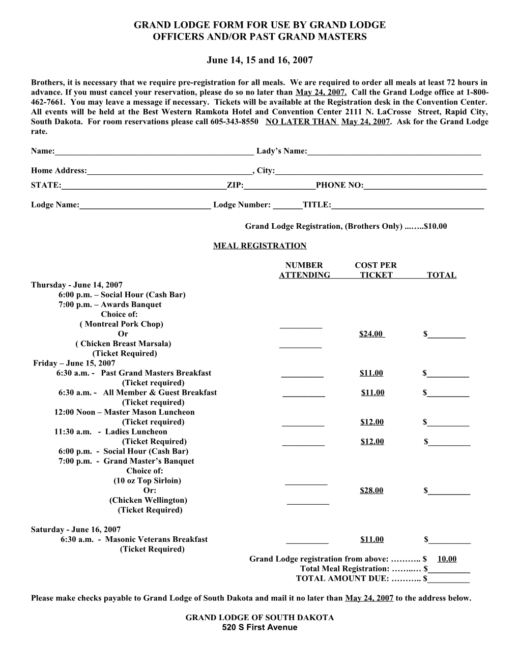 Grand Lodge Form for Use by Gand Lodge