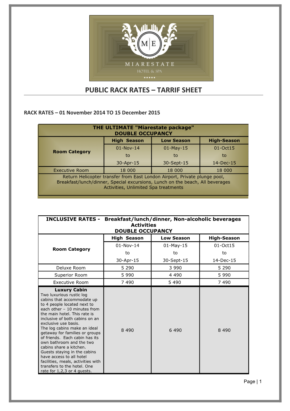 Public Rack Rates Tarrif Sheet