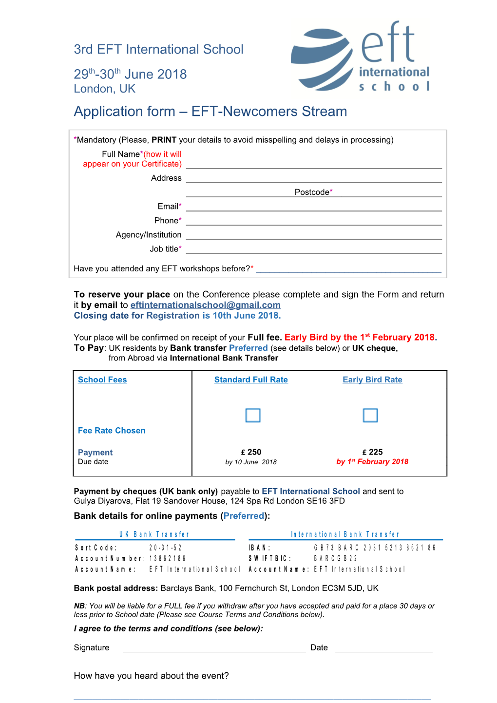 Application Form EFT-Newcomers Stream