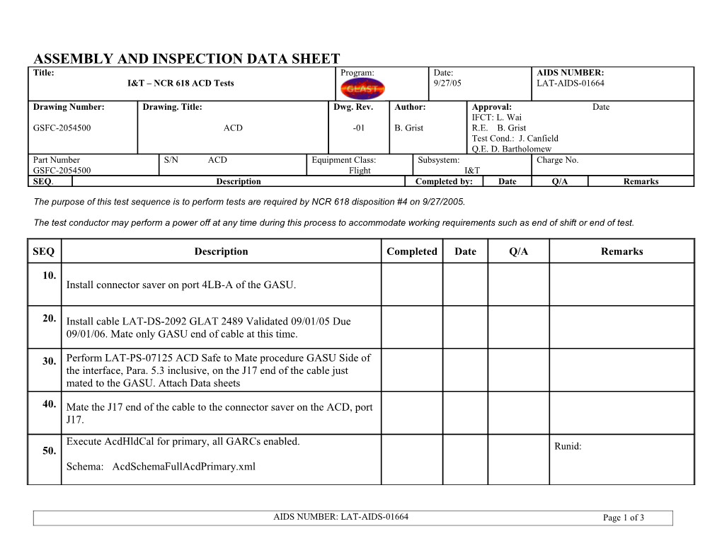 Assembly and Inspection Data Sheet