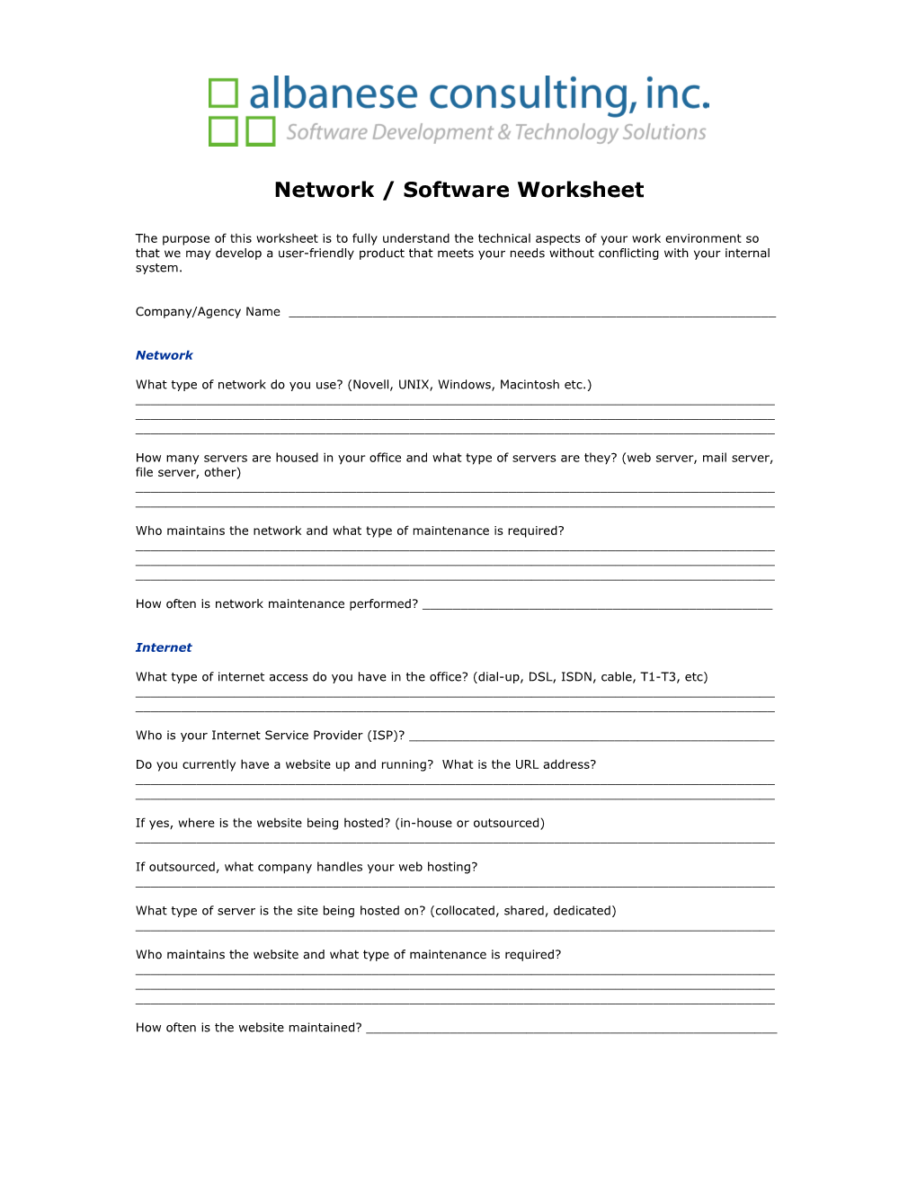 Network / Software Worksheet