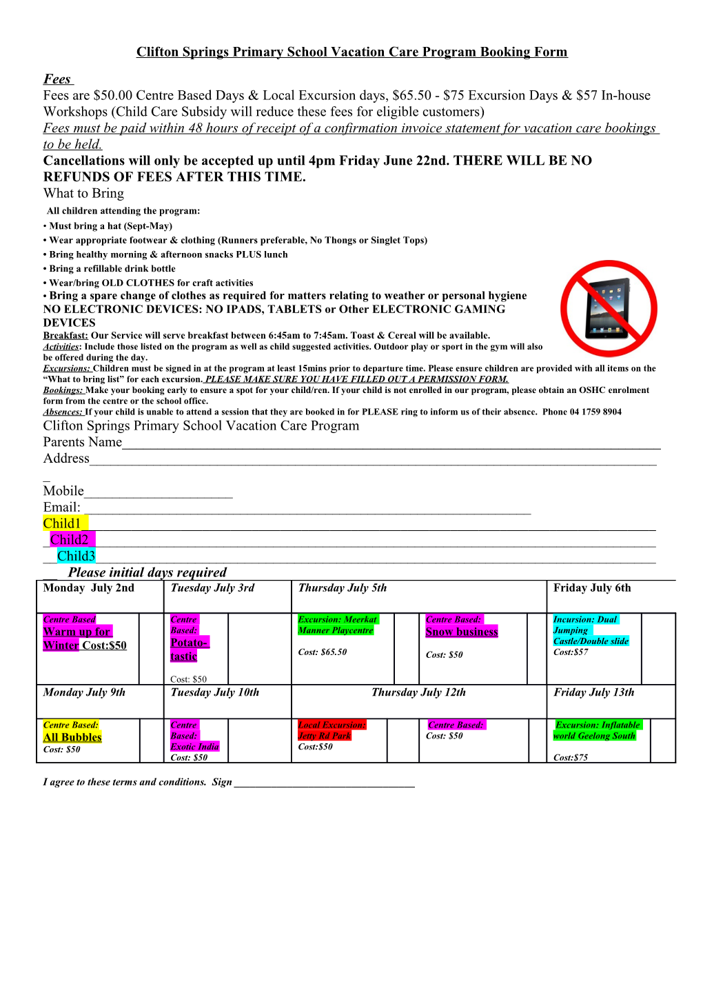 Clifton Springs Primary School Vacation Care Program Booking Form