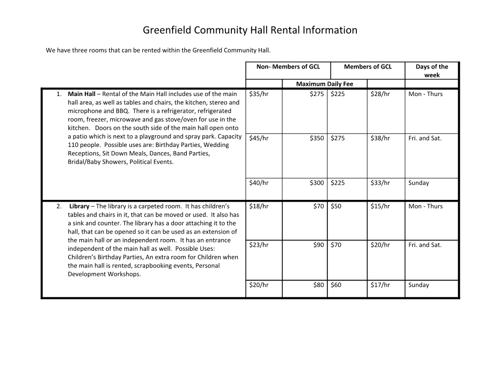 Greenfield Community Hall Rental Information