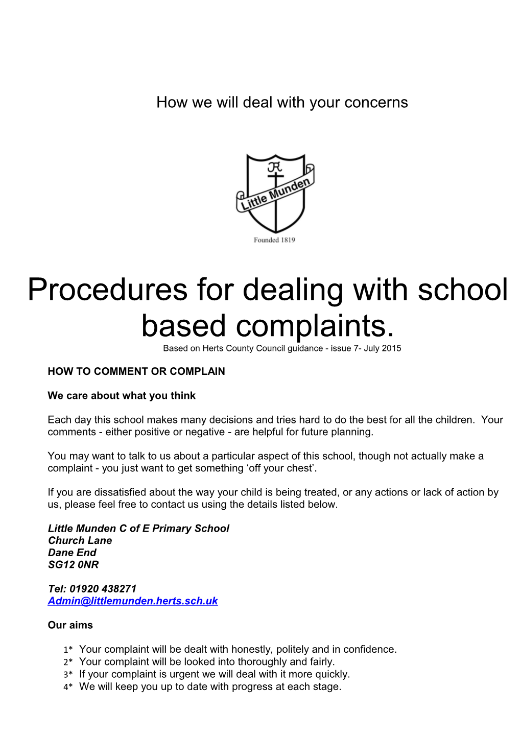 Procedures for Dealing with School Based Complaints