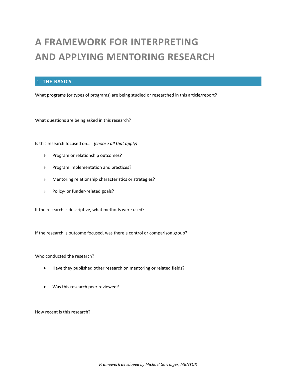 A Framework for Interpreting and APPLYING Mentoring Research