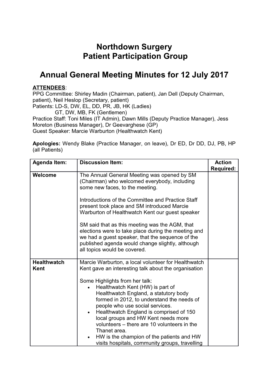 Annual General Meeting Minutes for 12July 2017