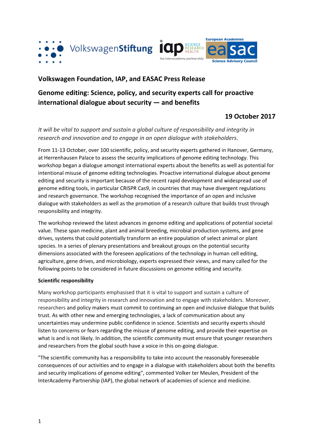 Volkswagen Foundation, IAP, and EASAC Press Release