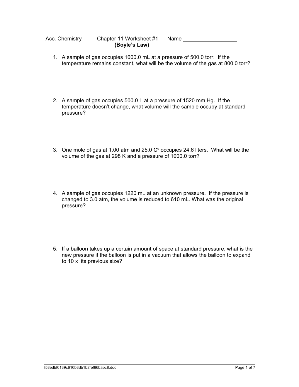 Acc. Chemistry Chapter 11 Worksheet #1 Name ______