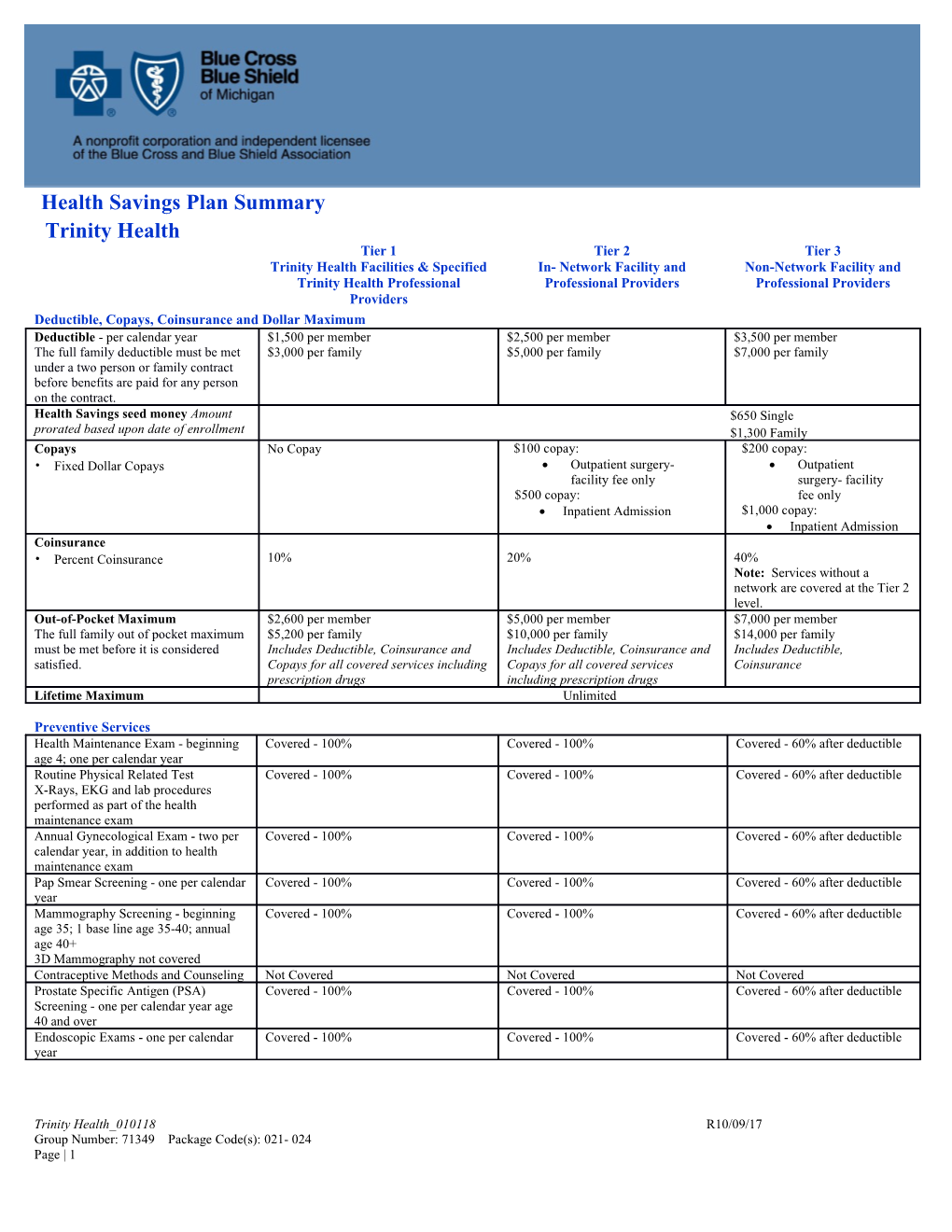 Health Savings Plan Summary