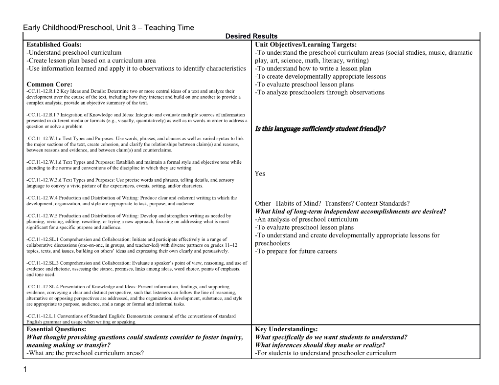 Early Childhood/Preschool, Unit 3 Teaching Time