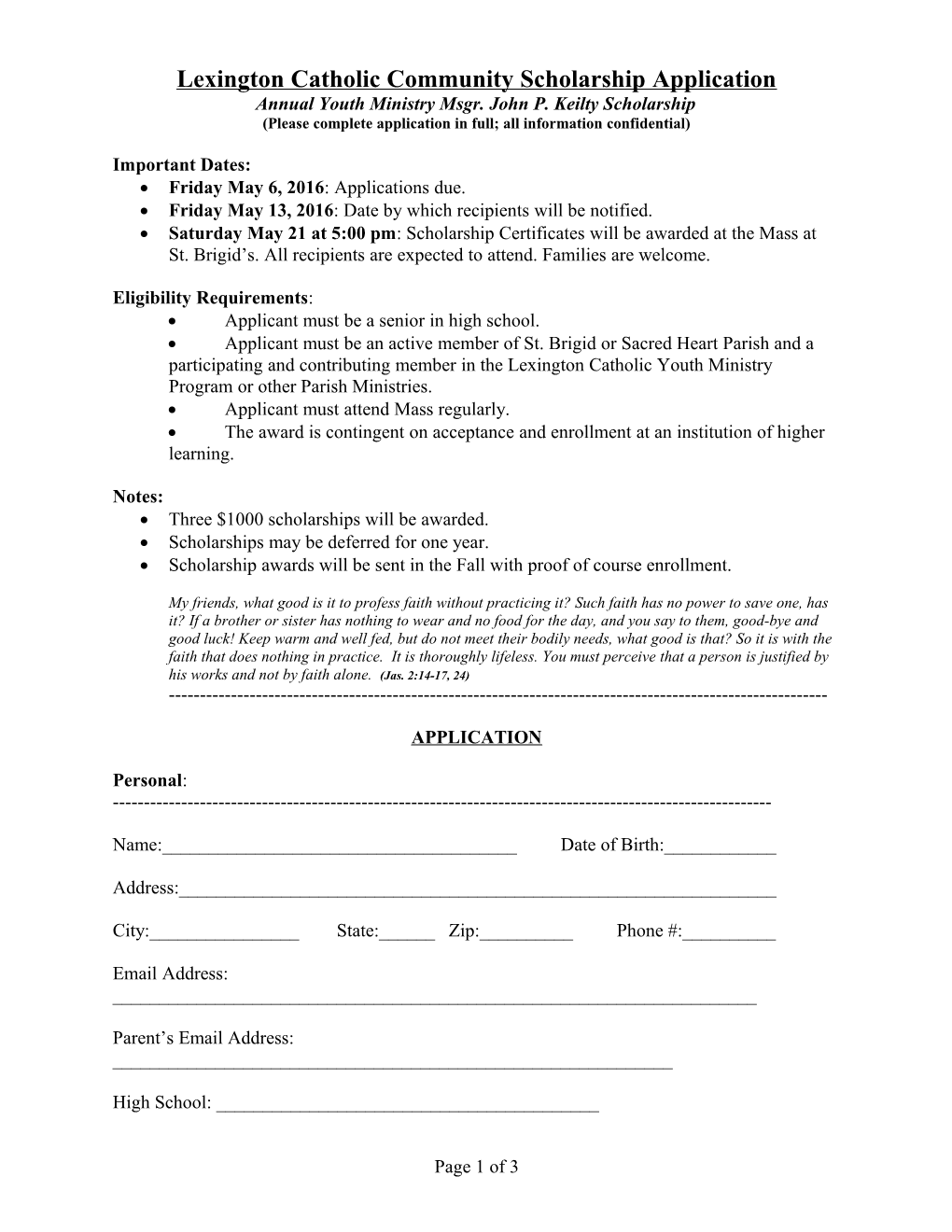 Lexington Catholic Community Scholarship Application