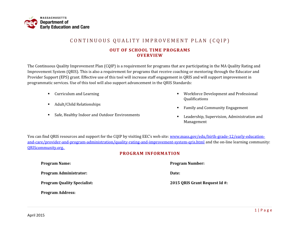 Continuous Quality Improvement Plan (CQIP)