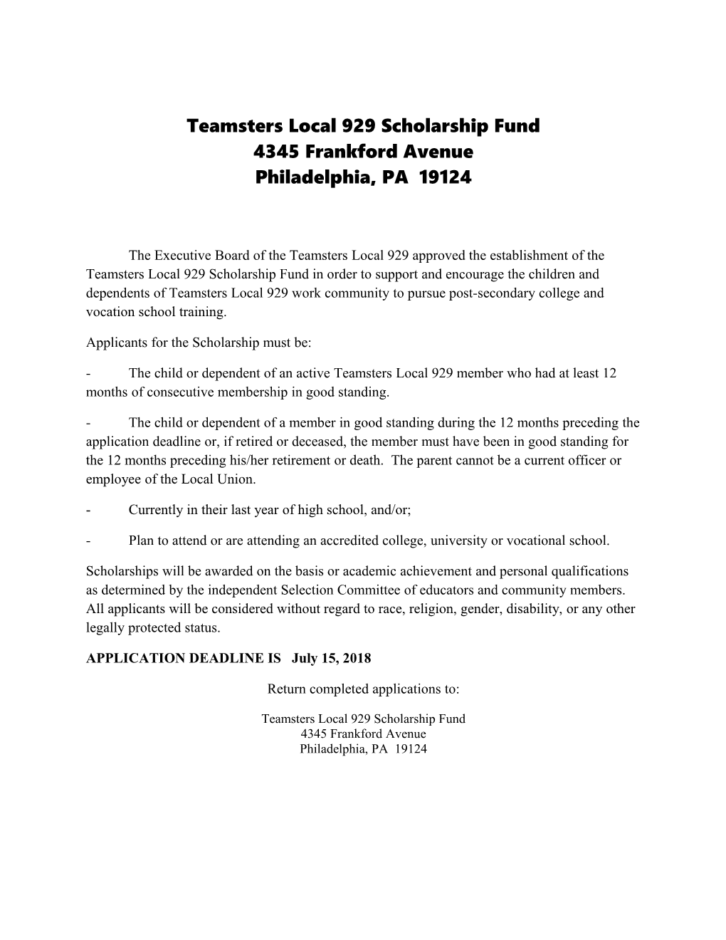 Teamsters Local 929 Scholarship Fund