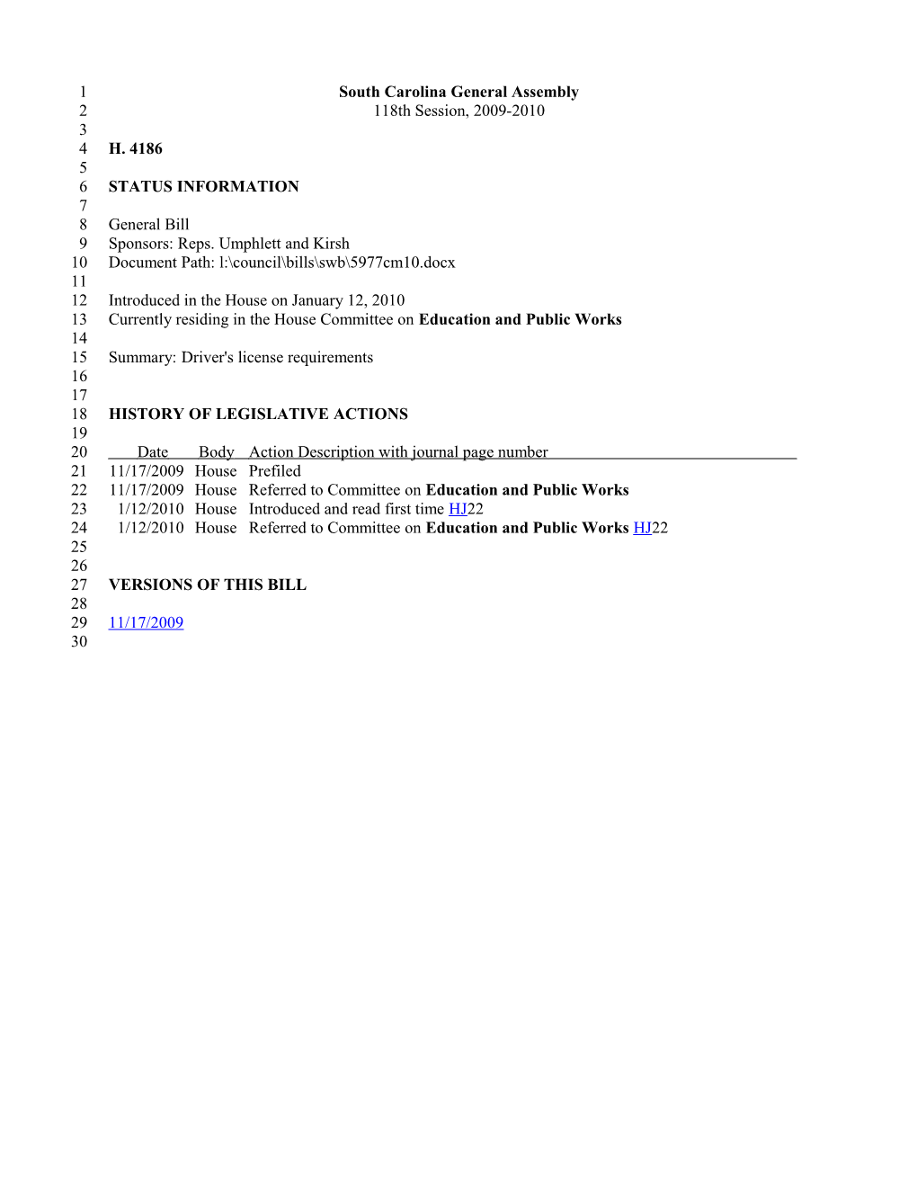 2009-2010 Bill 4186: Driver's License Requirements - South Carolina Legislature Online