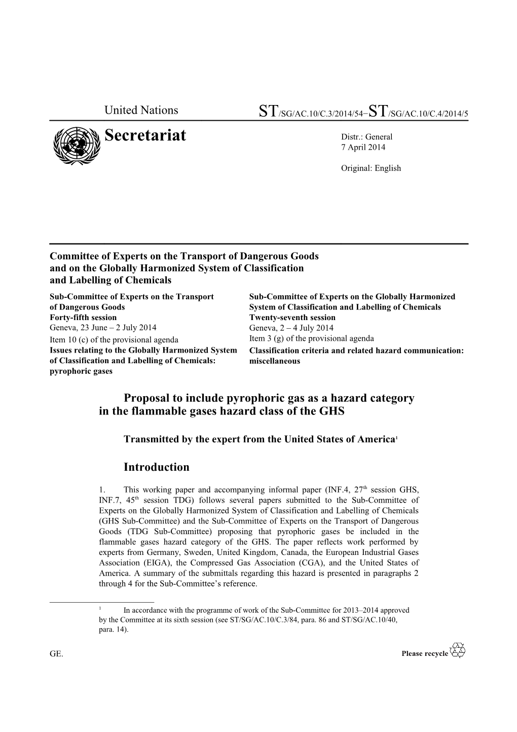 Committee of Experts on the Transport of Dangerous Goods and on the Globally Harmonized s1