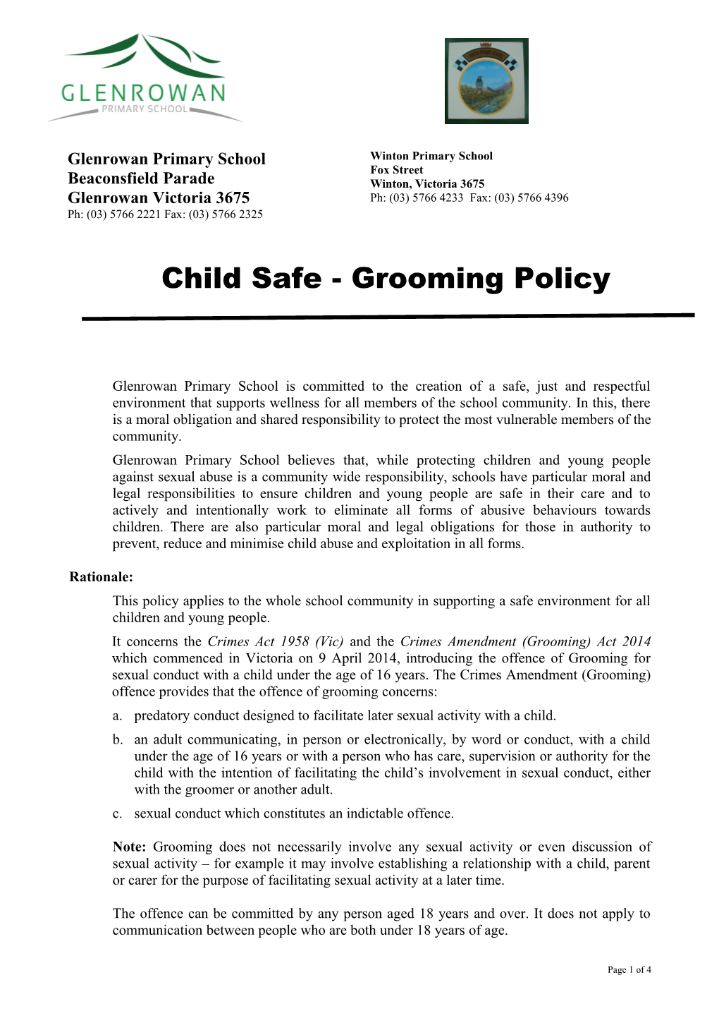 Child Safe - Grooming Policy