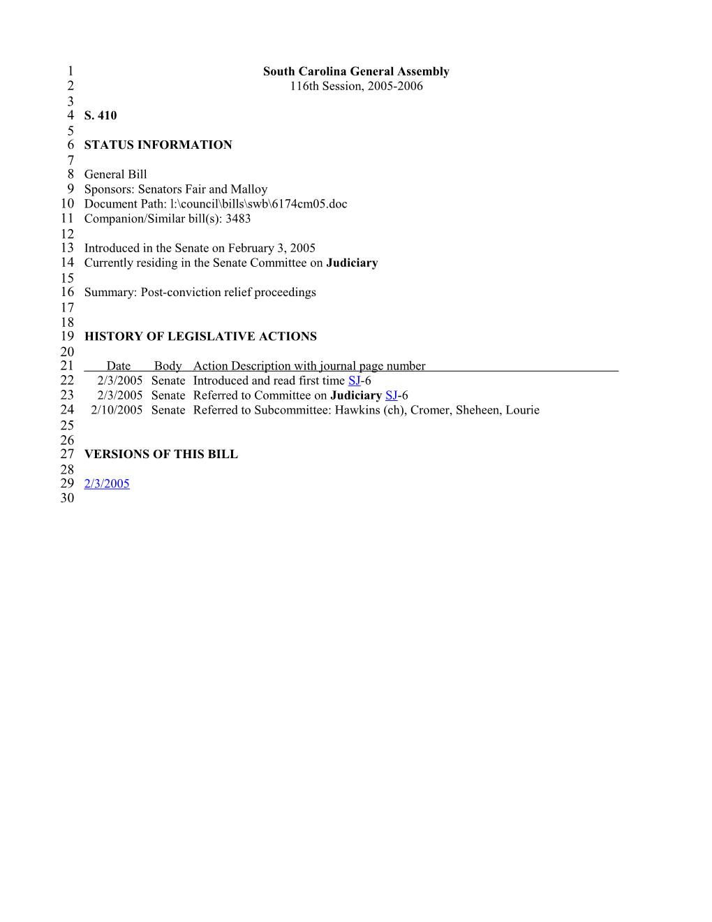 2005-2006 Bill 410: Post-Conviction Relief Proceedings - South Carolina Legislature Online