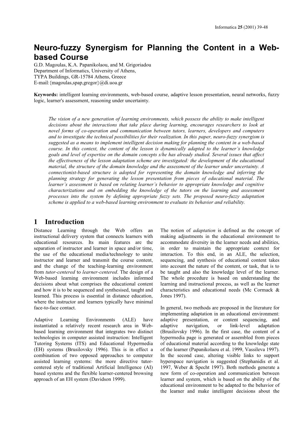 Neuro-Fuzzy Synergism for Planning the Content of a Course