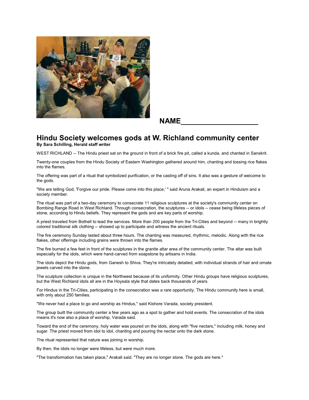 Hindu Society Welcomes Gods at W. Richland Community Center