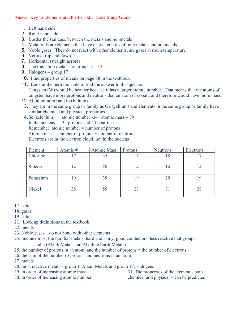 Answer Key to Elements and the Periodic Table Study Guide